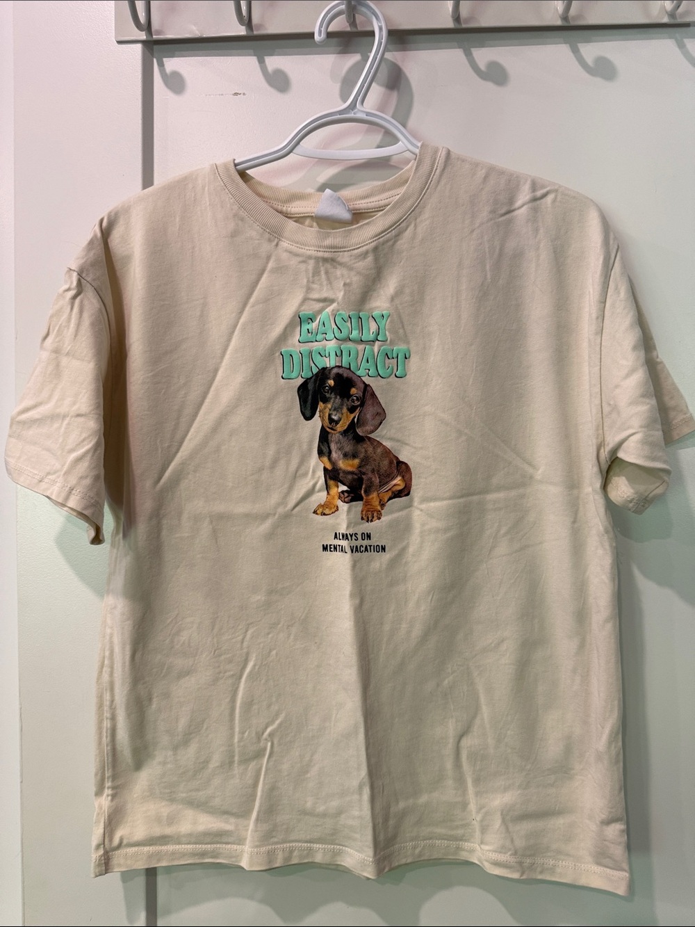 Zara Cream Tee with Mint Text and Dachshund Graphic
